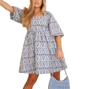 MUNTHE Chew Puff Sleeve Tweed Blue Metallic Threading Babydoll Mini Dress 2 New